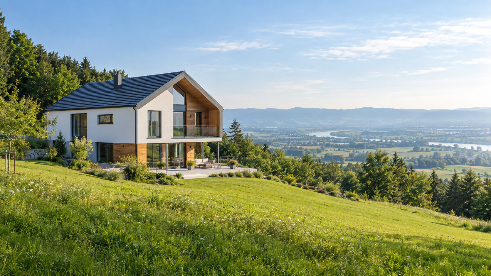 Modernes Haus am grünen Hang mit weitem Blick über das oberösterreichische Land