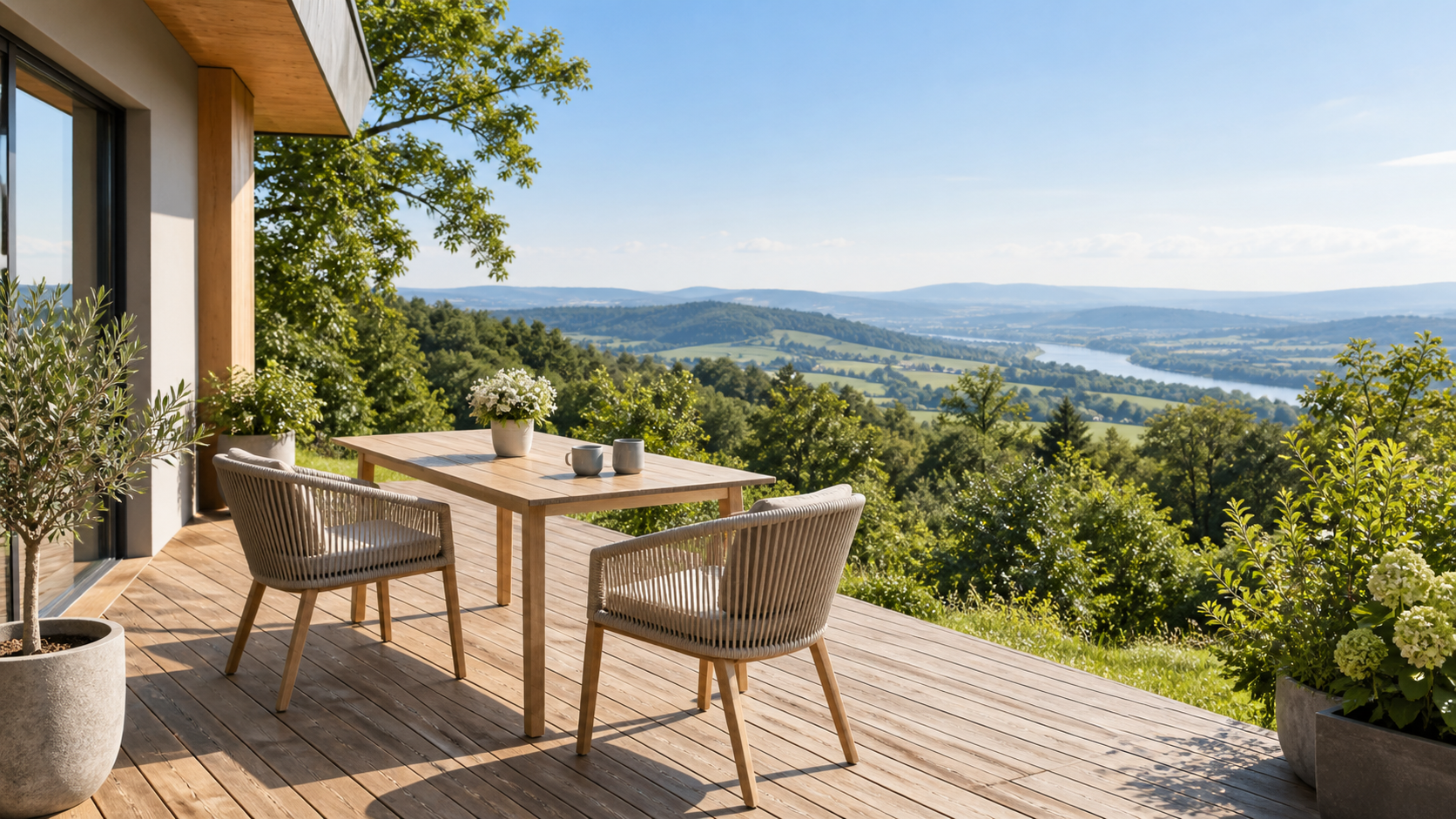 Helle Holzterrasse mit Tisch und Blick über bewaldete Hügel in einen weiten Talraum